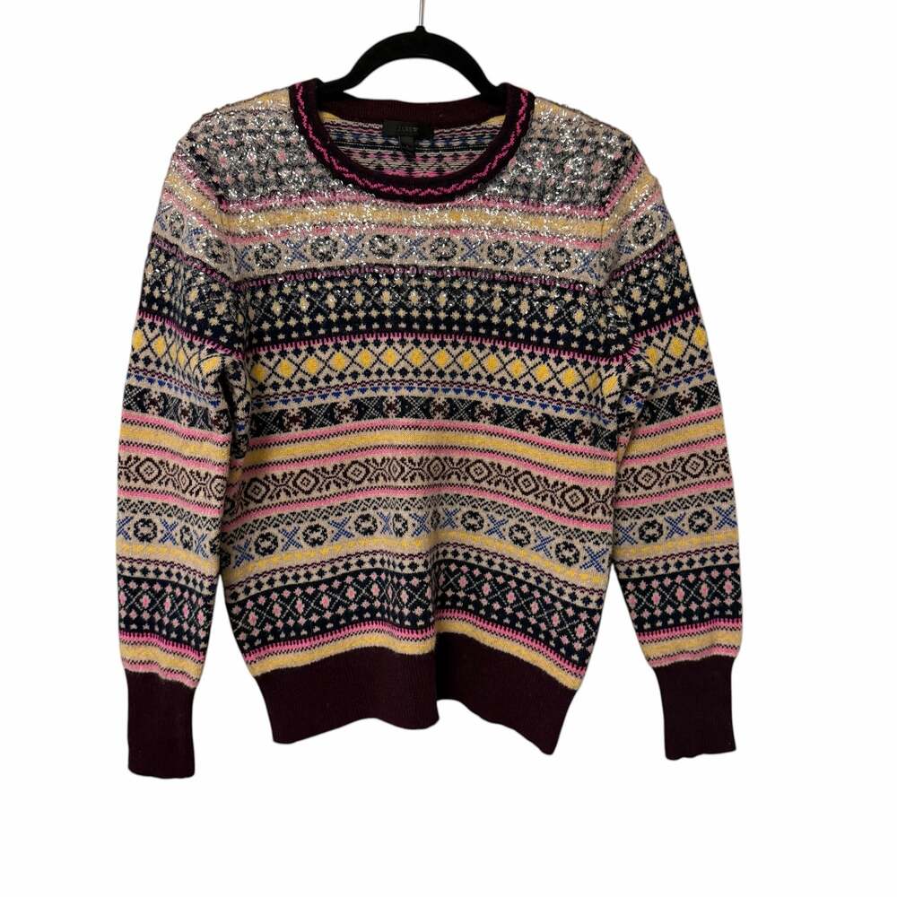 J. Crew Lambswool Fair Isle Sequin Embellished Sweater Burgundy Multi Size Large